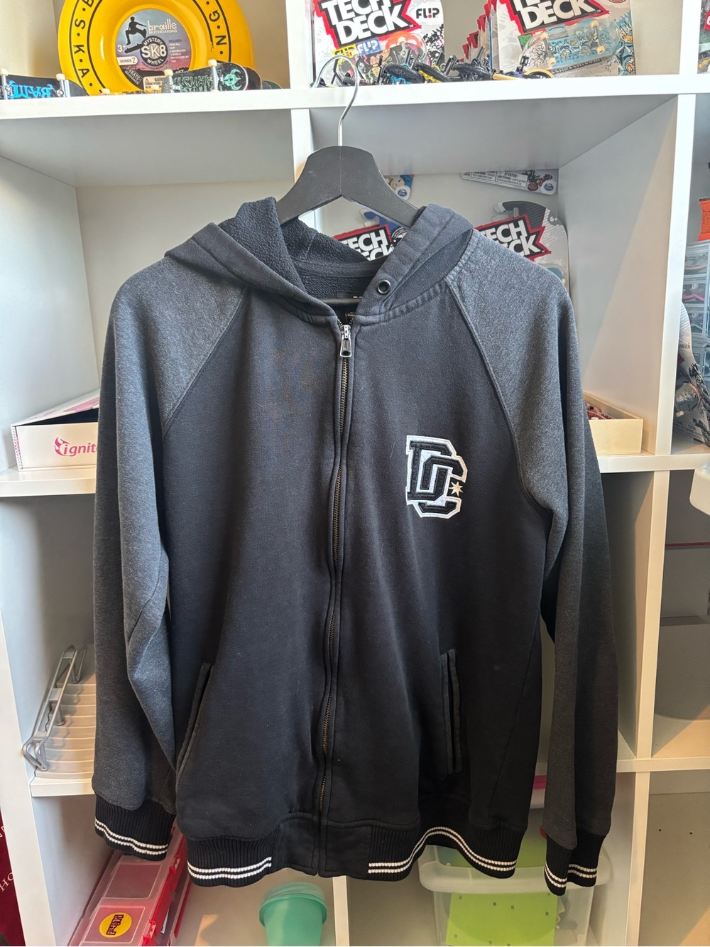 DC Black and Charcoal Two-Tone Zip Hoodie with Embroidered Logo